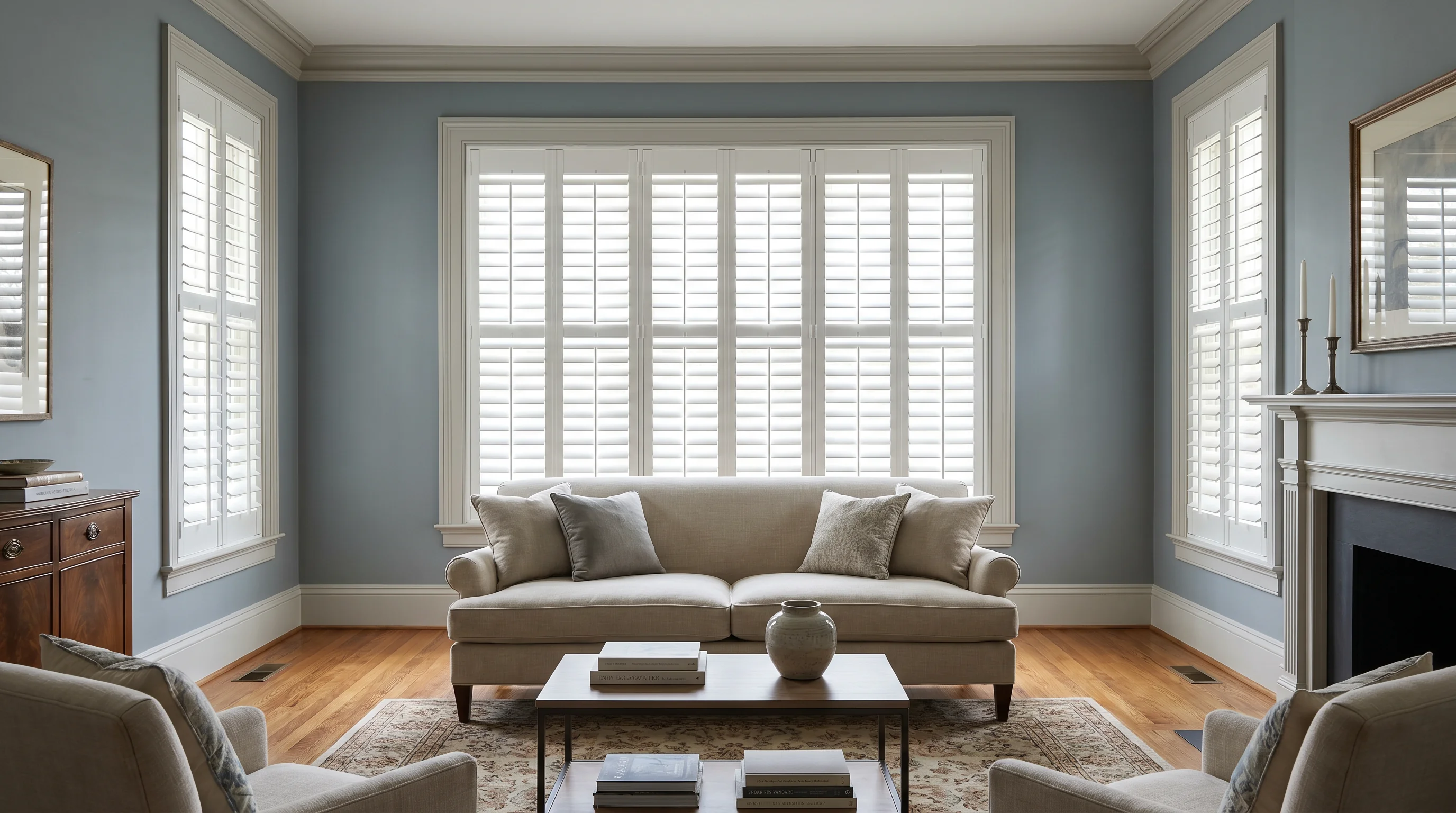 Elegant living room windows fitted with white traditional plantation shutters